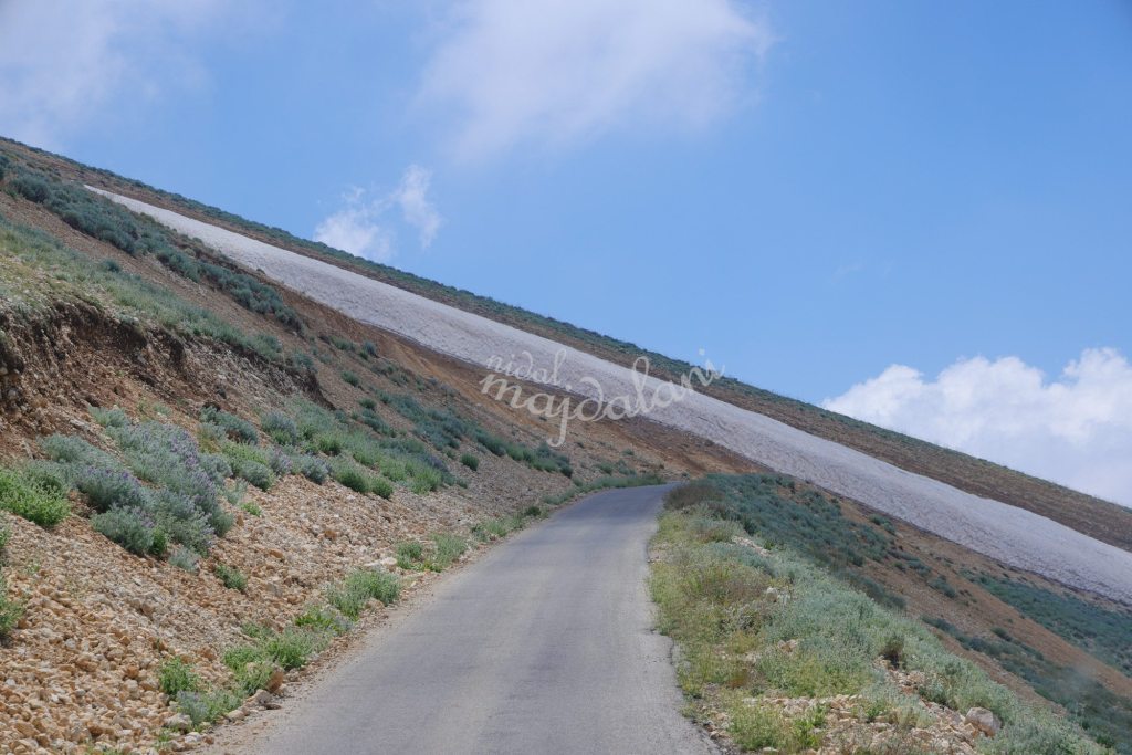 Mountain road from Bsharri toward Oyoun Orghosh with lingering snow in mid-July
