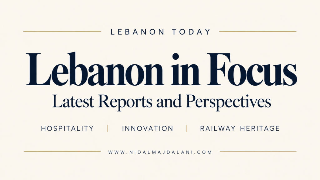 Typographic editorial cover for “Lebanon in Focus: Latest Reports and Perspectives,” featuring Lebanon Today stories on hospitality, innovation, and railway heritage, published on nidalmajdalani.com.